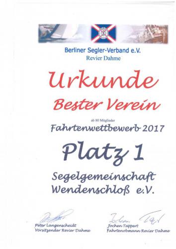 Urkunde Fahrtenwettbewerb 2017